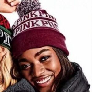 VS PINK Logo Burgundy White Pom Beanie NWT